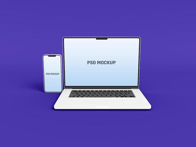 PSD Полноэкранный макет ноутбука и смартфона в минималистском стиле для целевой страницы веб-сайта и приложений пользовательского интерфейса