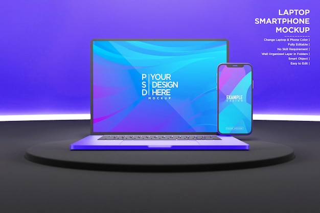 PSD ネオンライト付きのラップトップとスマートフォンのモックアップ