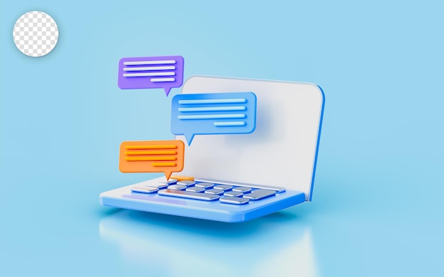 Laptop bericht chat teken 3d render concept voor e-mail conversatie commentaar chatten in sociale media