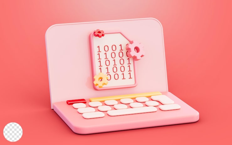 PSD laptop binary setting gear 3d illustration data processing conceptual template programming, coding