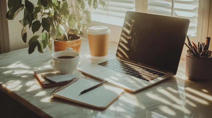 PSD a laptop coffee and a notebook on a desk with sunlight streaming through a window