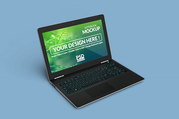 Laptop computer device with a mock up screen with in left angled isometric view