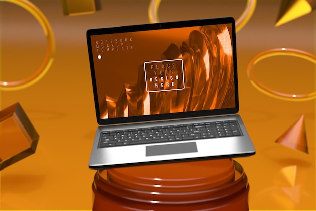 Laptop computer screen mockup above triple honey yellow cylinder pedestal with yellow background product presentation stage display by 3d rendering