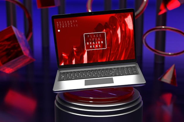 PSD laptop computer screen mockup above triple silver red cylinder pedestal with neon purple background product presentation stage display by 3d rendering