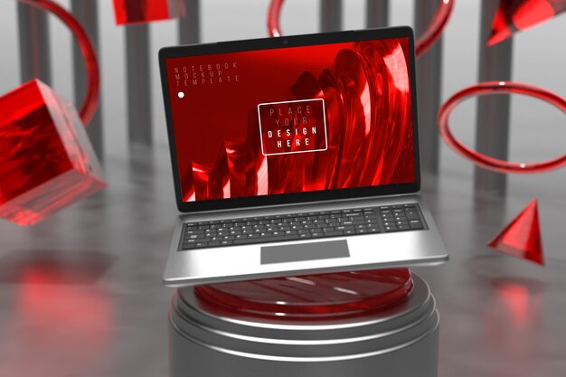 PSD modello dello schermo del computer portatile sopra il piedistallo del cilindro rosso argento triplo con display scenico di presentazione del prodotto con sfondo argento mediante rendering 3d