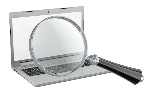 laptop computer with magnifier glass 3d rendering isolated on transparent background