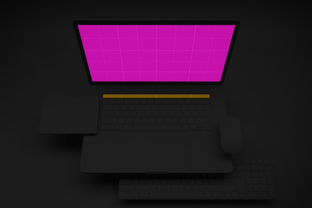 PSD laptop computer with mockup screen on black room