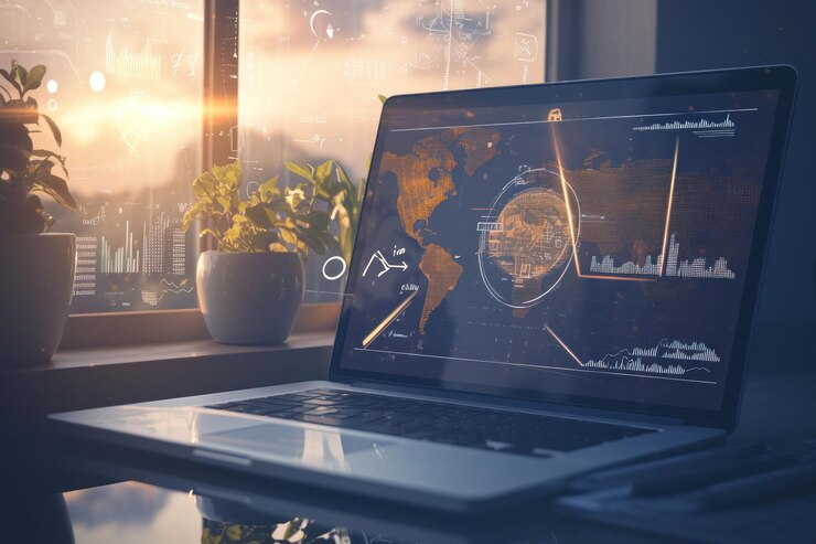 PSD a laptop computer with a world map on the screen sitting on a desk in front of a window