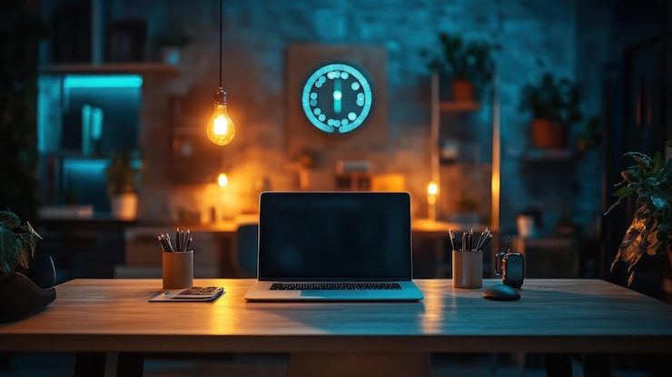 PSD a laptop computer on a wooden desk in a dimly lit office