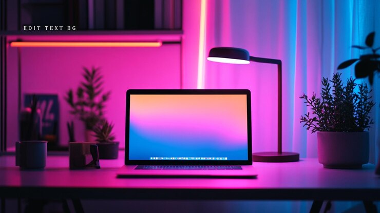 PSD laptop on desk with colorful neon lights plants and a lamp