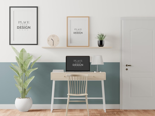 Laptop on desk in work space  mockup