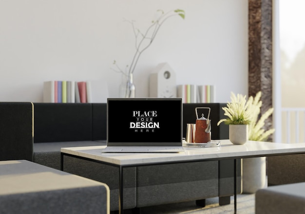 laptop on desk in work space mockup
