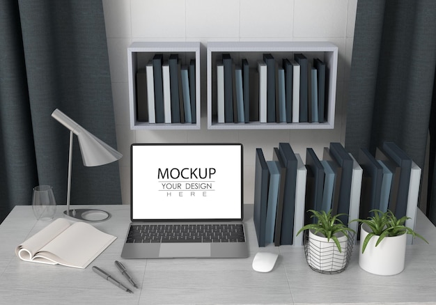 Laptop on desk in work space psd mockup