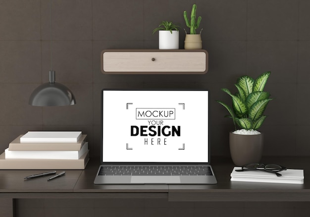 Laptop on desk in work space psd mockup