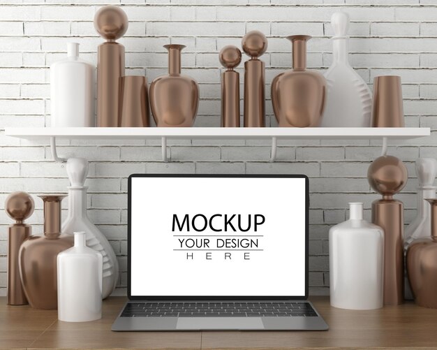 Laptop on desk in work space PSD mockup
