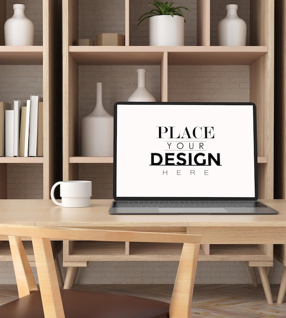 laptop on desk in work space psd mockup