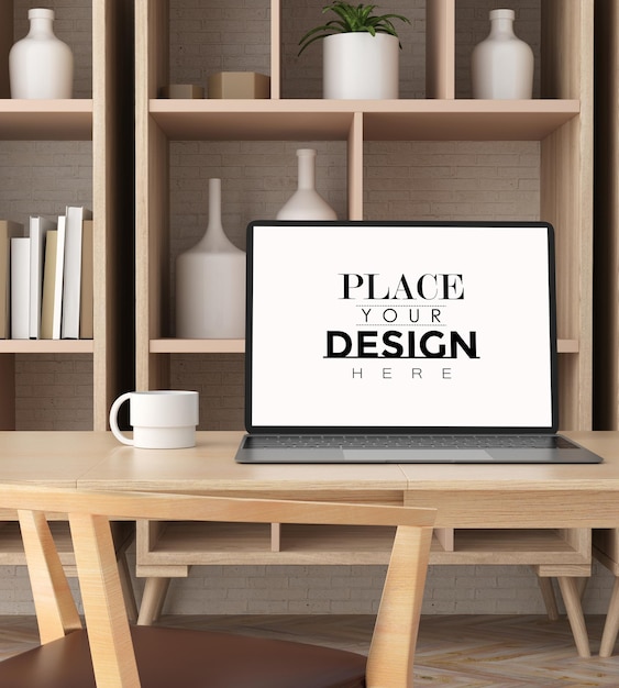 Laptop on desk in work space PSD mockup