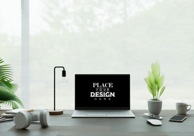 PSD laptop on desk in workspace mockup