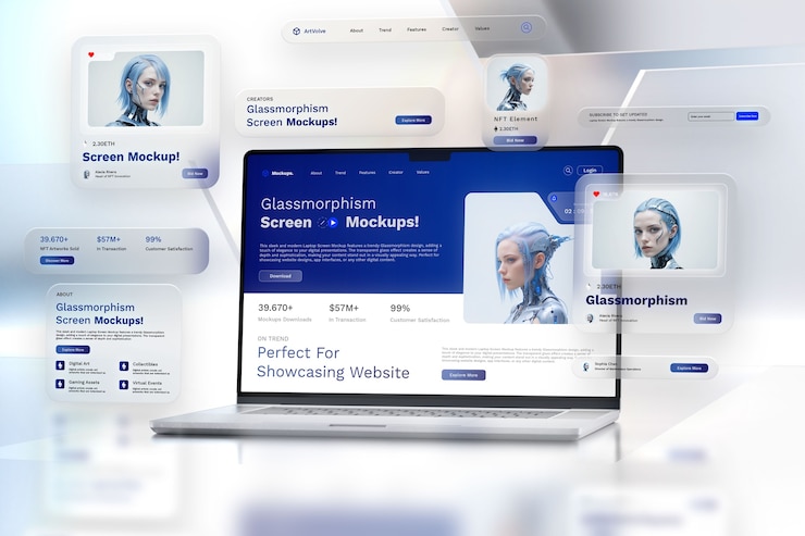 PSD laptop device mock-up in glassmorphism style