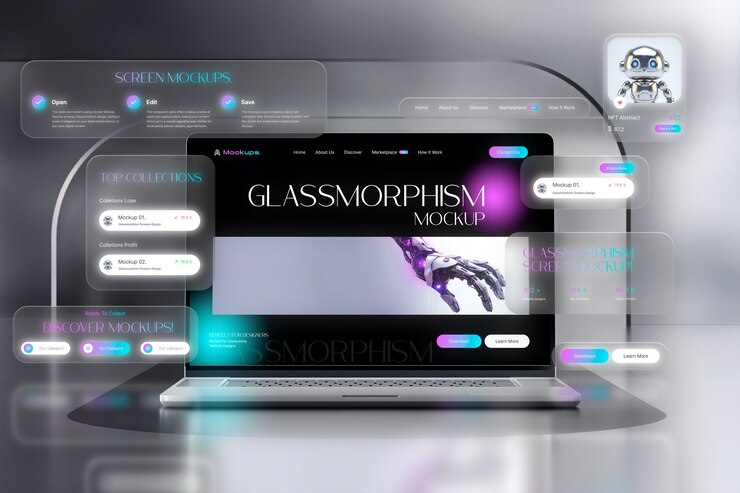 PSD laptop device mock-up in glassmorphism style