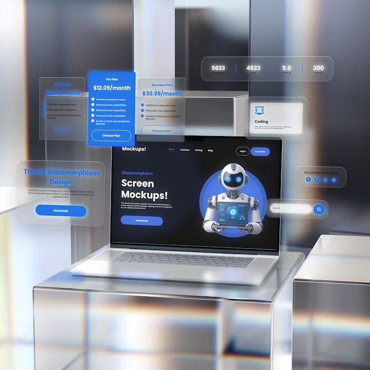PSD laptop device mock-up in glassmorphism style