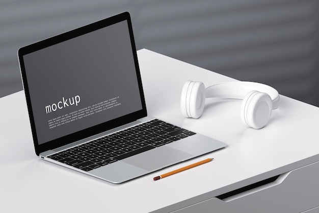 Laptop device screen mockup on work desk home office concept high angle view