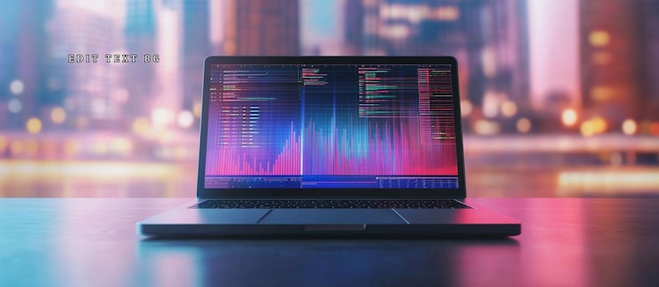PSD laptop displaying code and financial charts at night