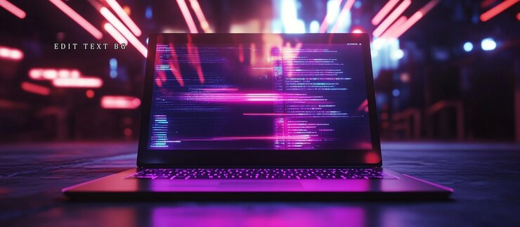 PSD laptop displaying code in neonlit city