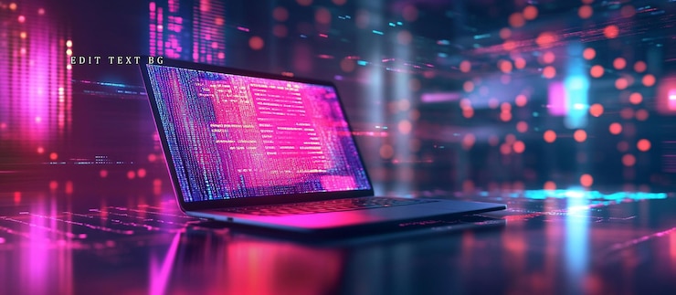 PSD laptop displaying coding in vibrant neon light
