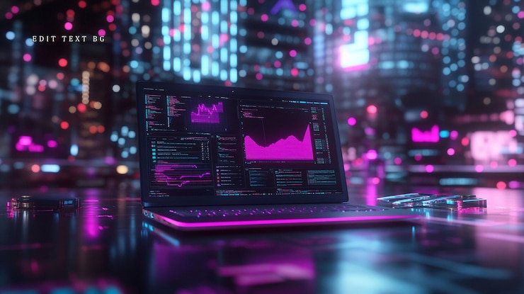 PSD laptop displaying data analytics graph and code in futuristic city