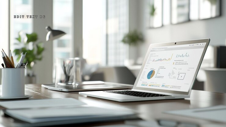 PSD laptop displaying financial graphs sits on a modern office desk with stationery