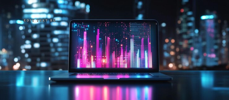 PSD laptop displaying futuristic city data analytics at night