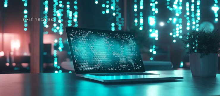 PSD laptop displaying a glowing world map at night
