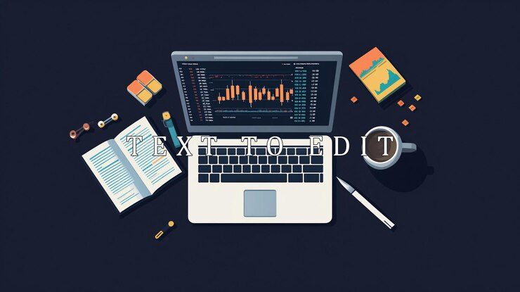 PSD laptop displaying stock market data on a dark desk with coffee book and stationery