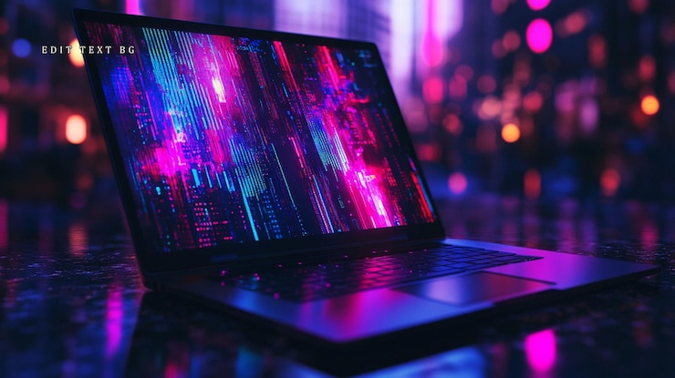 PSD laptop displaying vibrant glitch art in a futuristic city setting