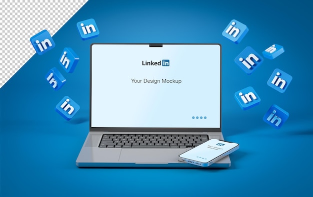 Laptop- en smartphonemodel met vliegende Linkedin-pictogrammen