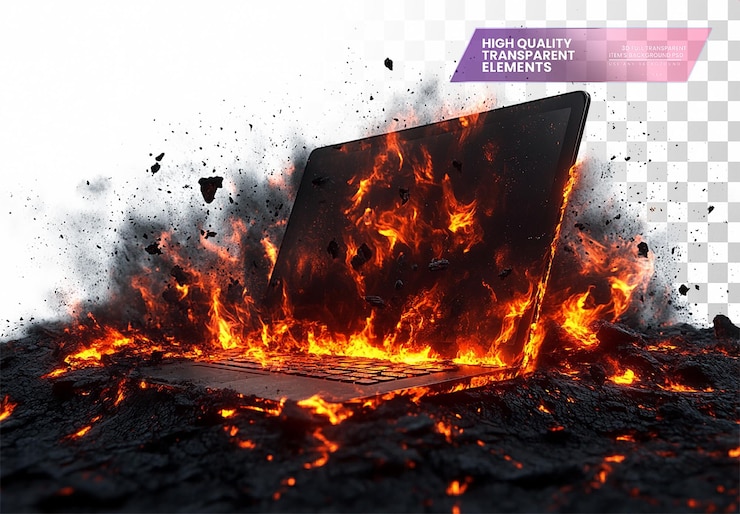PSD laptop engulfed in flames surrounded by black smoke on transparent background