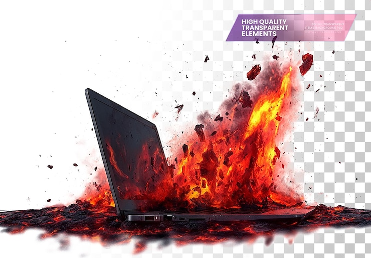 PSD laptop falling into lava against a white background on transparent background