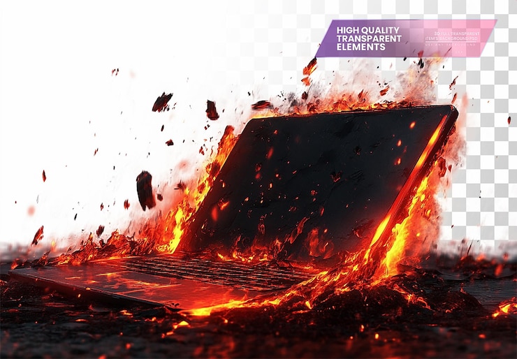 PSD laptop falling into lava against a white background on transparent background