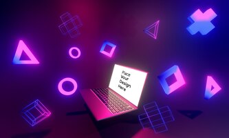 laptop for online video game on colorful neon led rendering design isolated