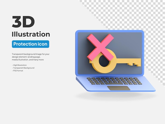 PSD laptop gegevensbescherming pictogram verkeerd wachtwoord met sleutel en kruis 3d render illustratie