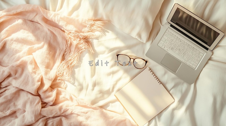 PSD laptop glasses notebook and blanket on bed