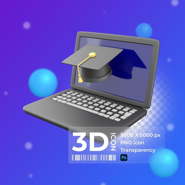 Ноутбук и выпускная шляпа 3D-иллюстрация 3D-рендеринг иконы шляпы выпускника ноутбука на белом фоне