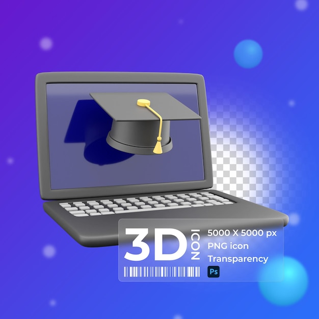 Illustrazione 3d di laptop e cappello di laurea rendering 3d icona cappello laureato portatile su sfondo bianco