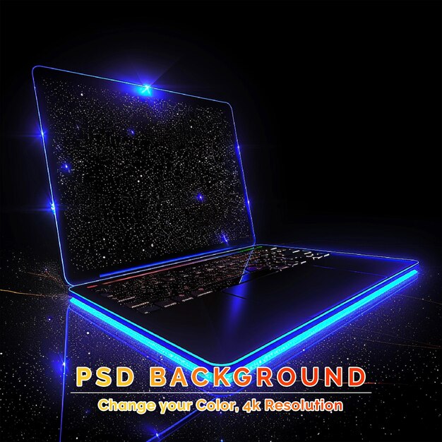 PSD laptop in hologram wireframe style