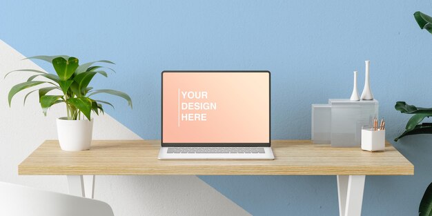 PSD 植物の 3 d レンダリングを備えたミニマリストでモダンなデスクのラップトップ