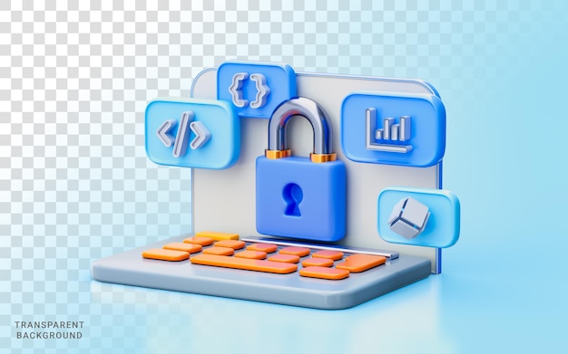 laptop lock coding sign 3d illustration web design development create new website protection safety