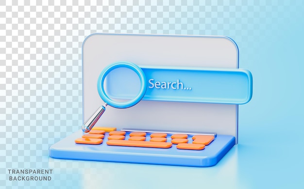 laptop magnify glass 3d illustration search bar finding information data news movie element internet