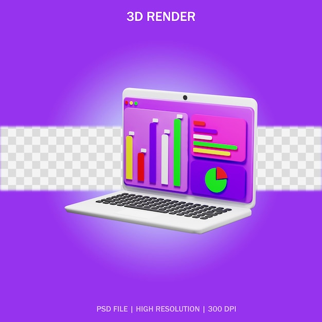 Laptop met analytische applicatie en transparante achtergrond in 3D-ontwerp
