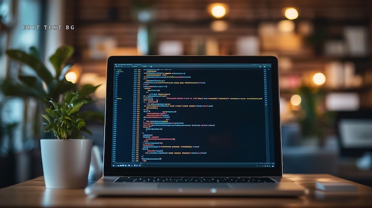 PSD laptop met code op het scherm naast de plant op een houten tafel in een warm verlichte kamer